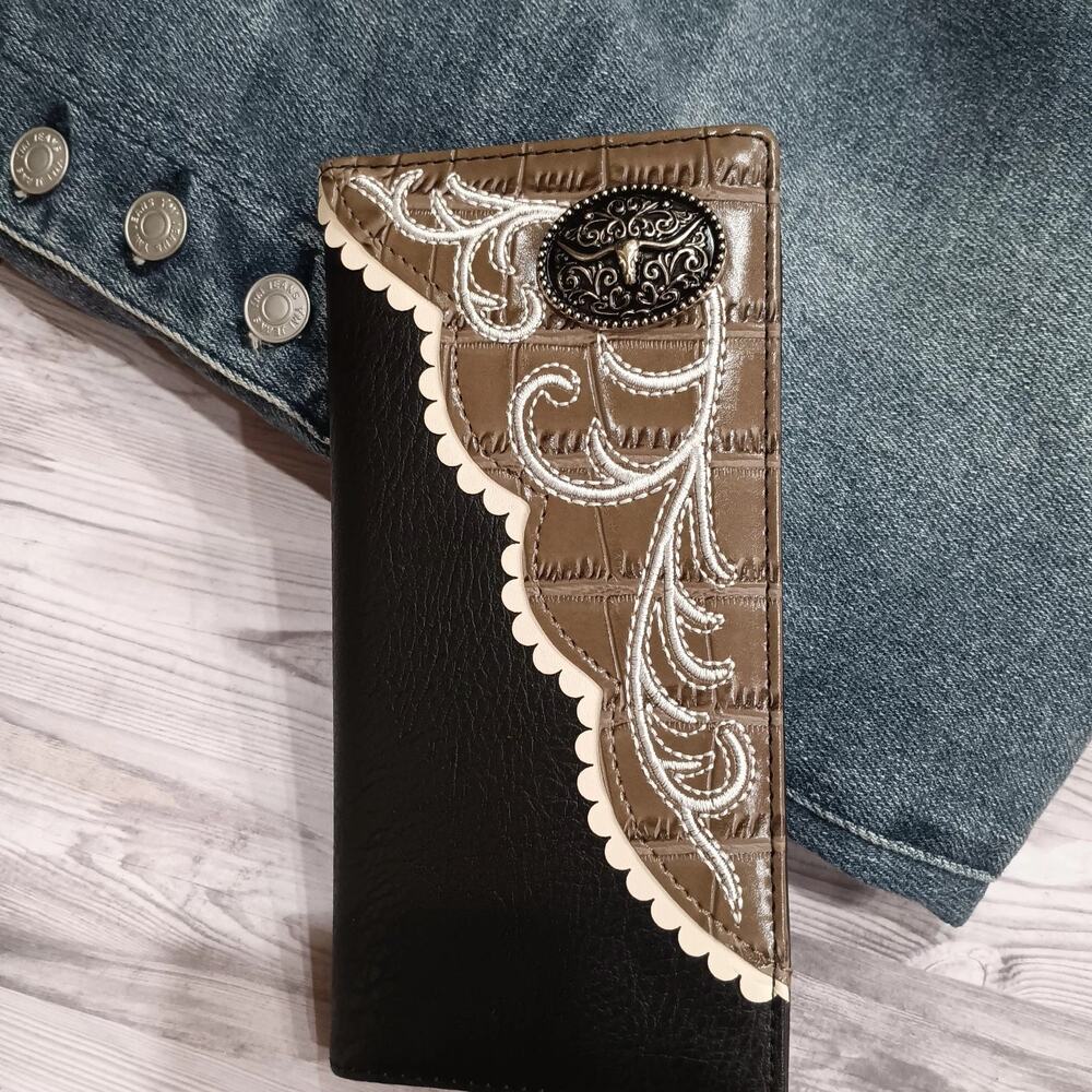 LONGHORN Western Wallet Embroidered Concho Wallet Faux Leather Long Bifold
